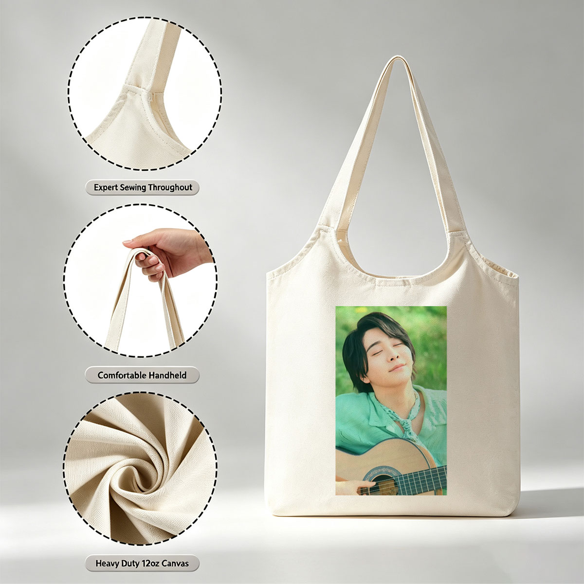 Yuki Kajiura in a Serene Outdoor Setting Playing Acoustic Guitar with Eyes Closed - Canvas shoulder bags/