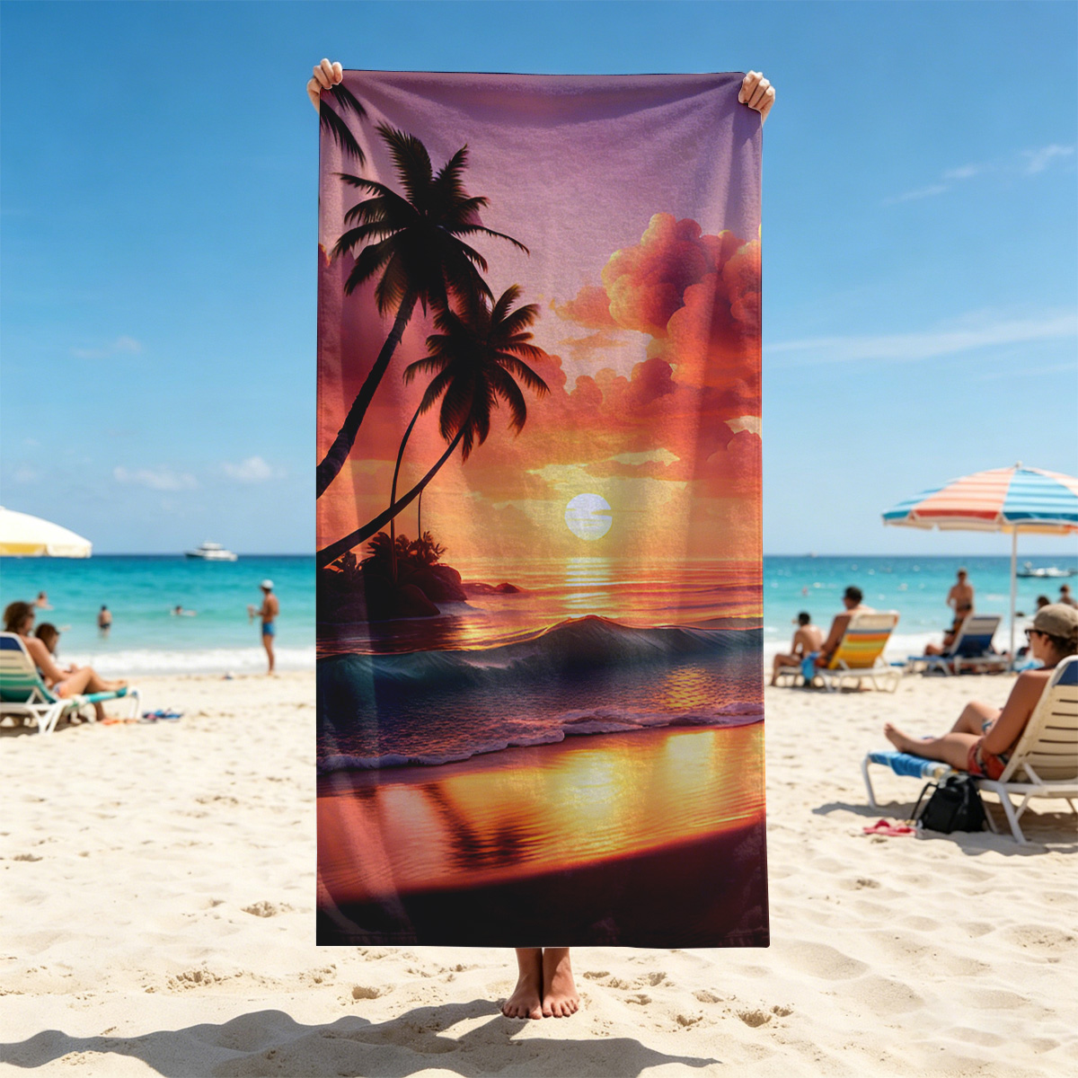 Tropical Sunset Beach with Palm Trees and Golden Waves - Beach towels