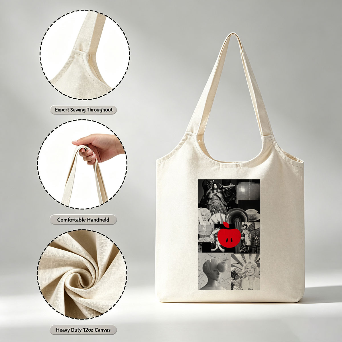 Ringo Sheena in a Retro-Futuristic Collage Featuring Black-and-White Portraits, Vinyl Records, and a Bold Red Apple Logo - Canvas shoulder bags/