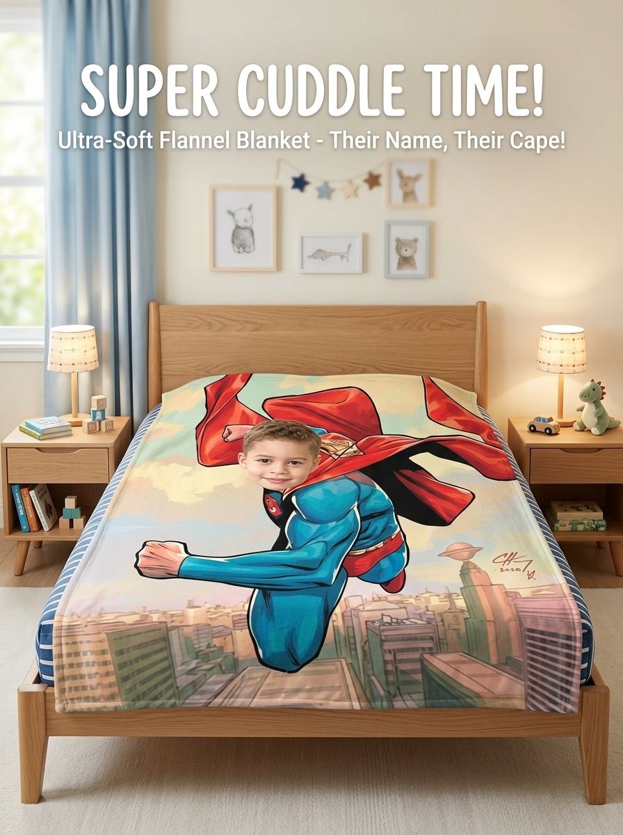 Custom Superhero Face Blanket, Personalized Photo Upload Flannel Fleece Throw, Ultra Soft Cozy Keepsake Gift for Kids