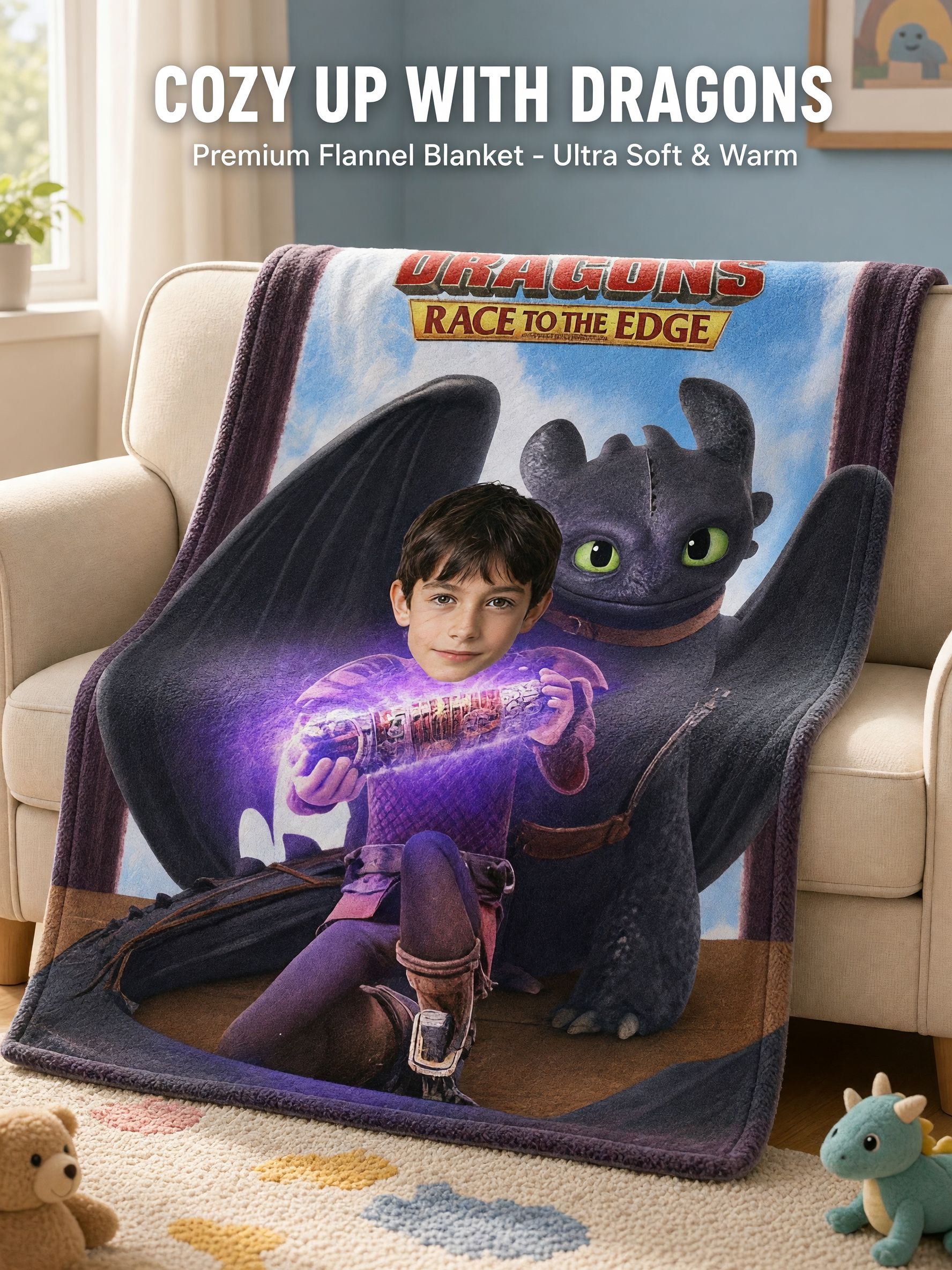 Custom Face Photo Dragon Flannel Blanket, Personalized Plush Fleece Throw for Kids and Movie Fans, Ideal Cozy Gift