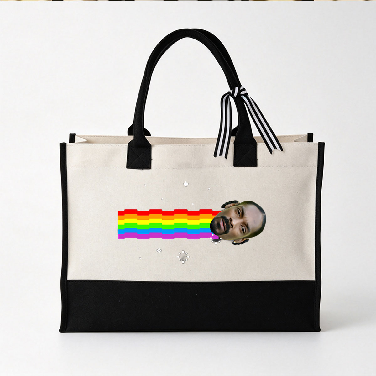 Rainbow Pixel Art with Celestial Background and Man's Face Overlay - Canvas patchwork gift tote bag