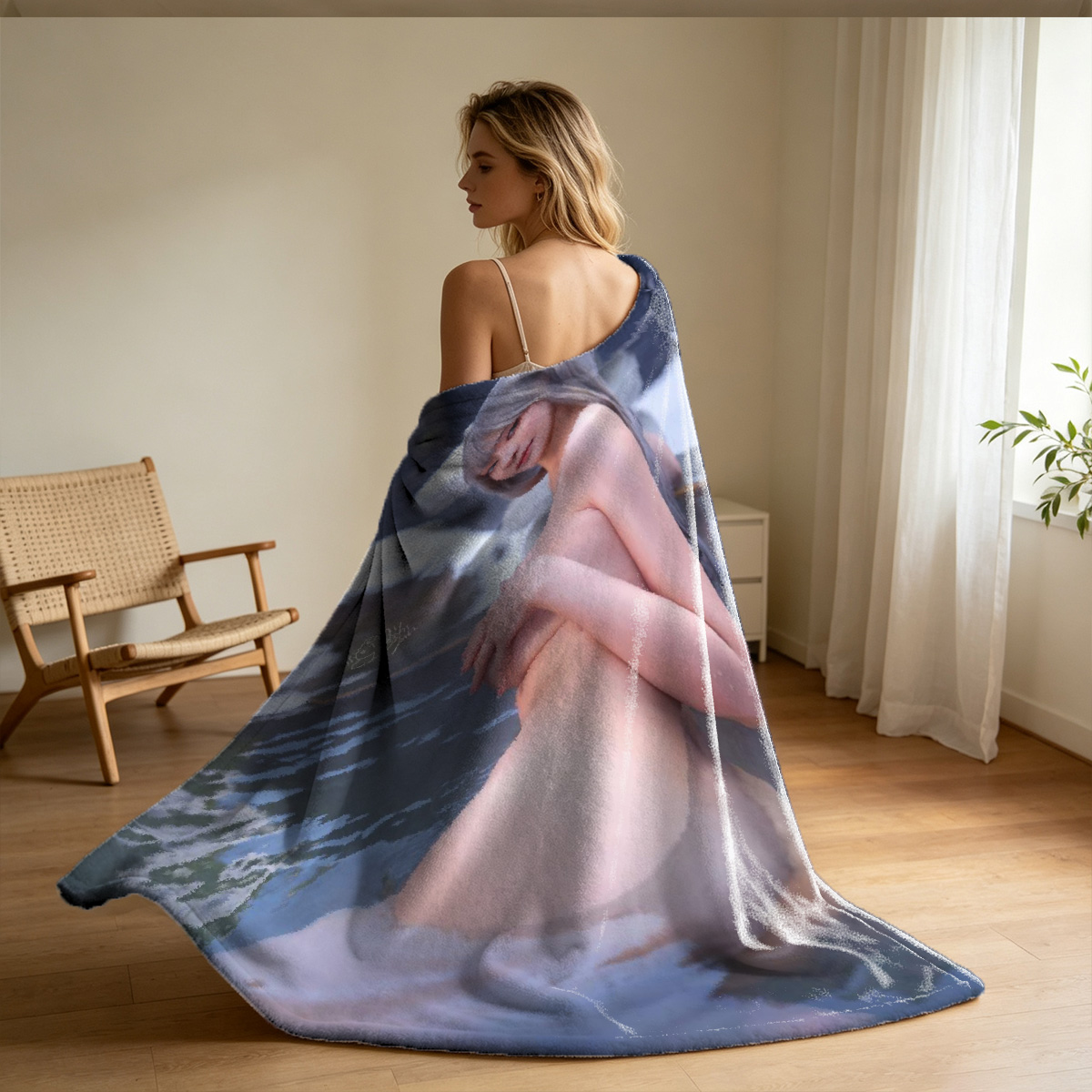A young woman in a revealing pink halter top and ruffled mini skirt sitting on a wooden table. - Blanket