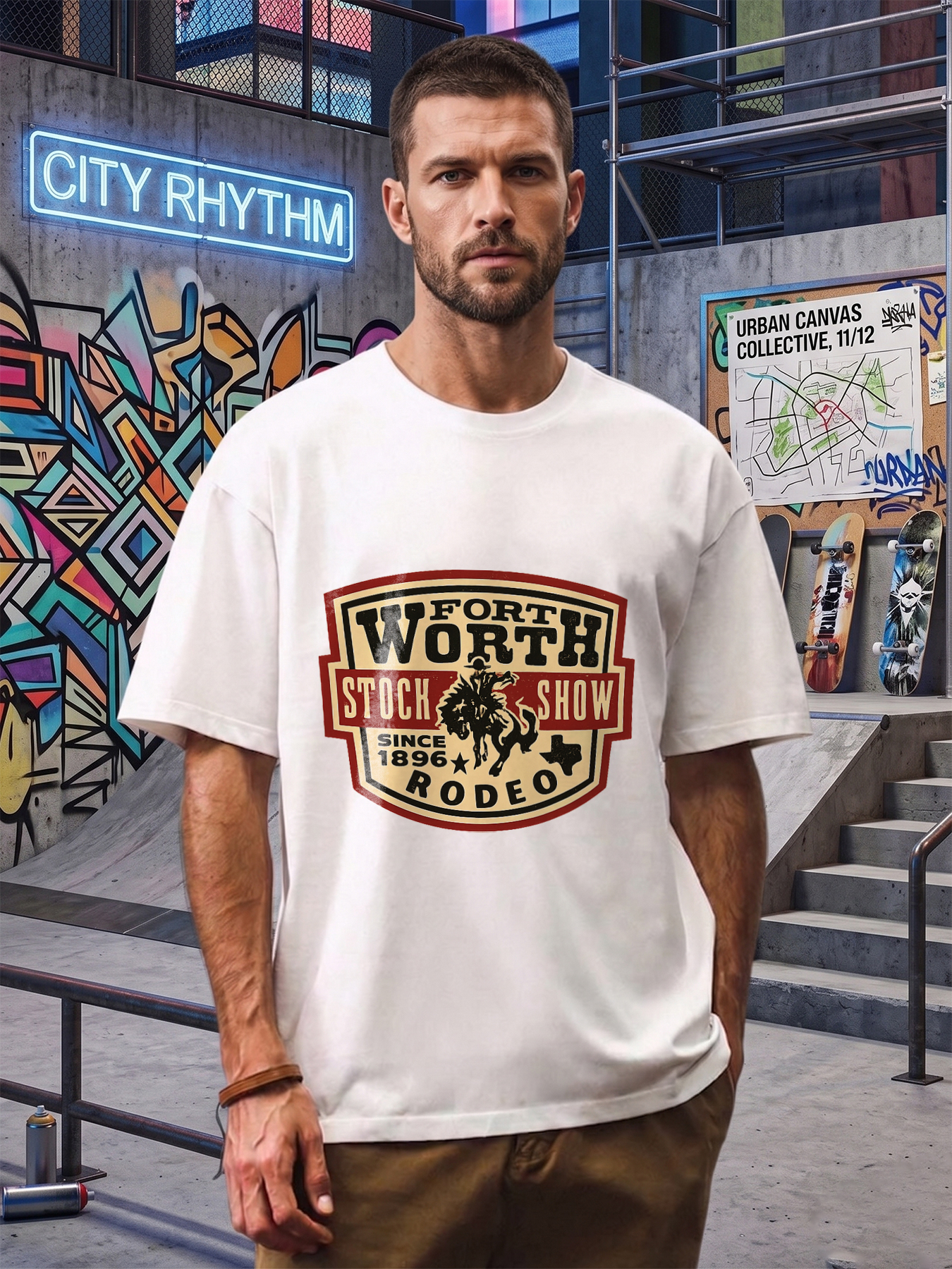 Men's Fort Worth Stock Show Rodeo Since 1896 Print T-Shirt Cowboy Riding Bull Design Casual Round Neck Summer Lightweight Breathable Short Sleeve Tee for Outdoor Events Western Lifestyle Enthusiasts