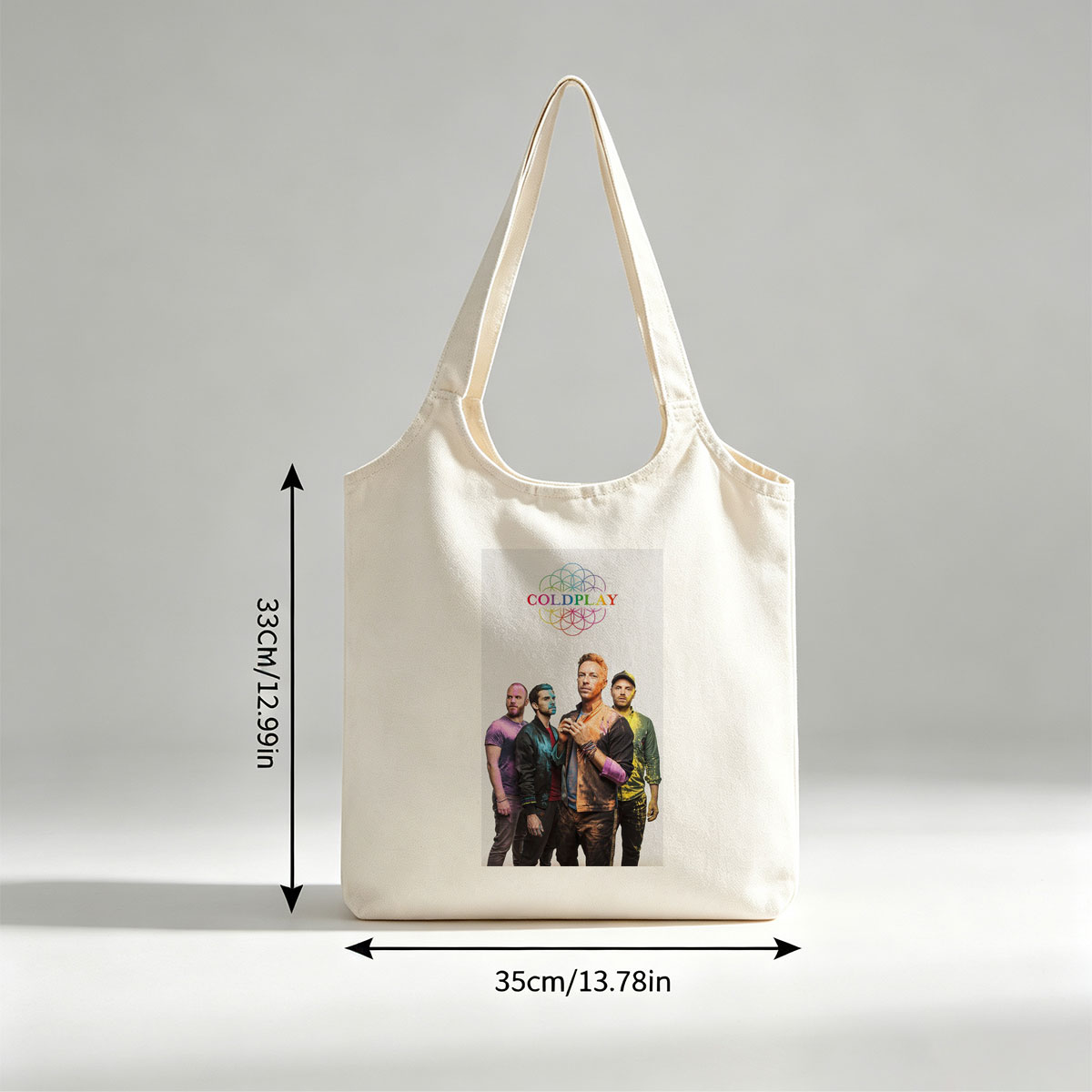 Coldplay Band Members in Colorful Painted Outfits Standing Together with Rainbow Logo Above - Canvas shoulder bags/