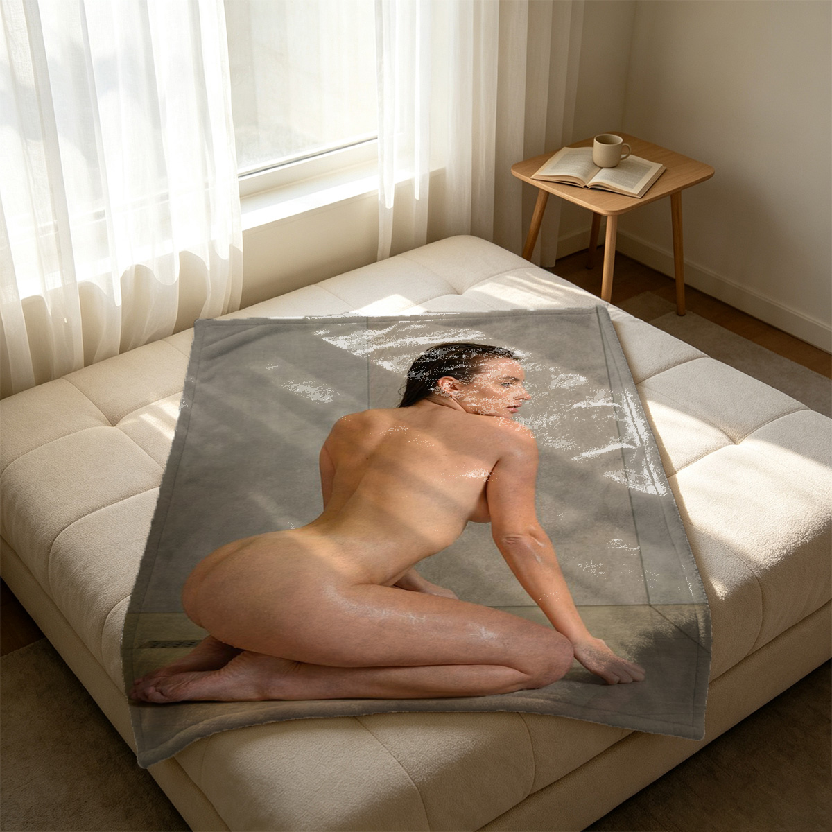A woman in a white corset and black stockings doing a split on a luxury hotel bed. - Blanket