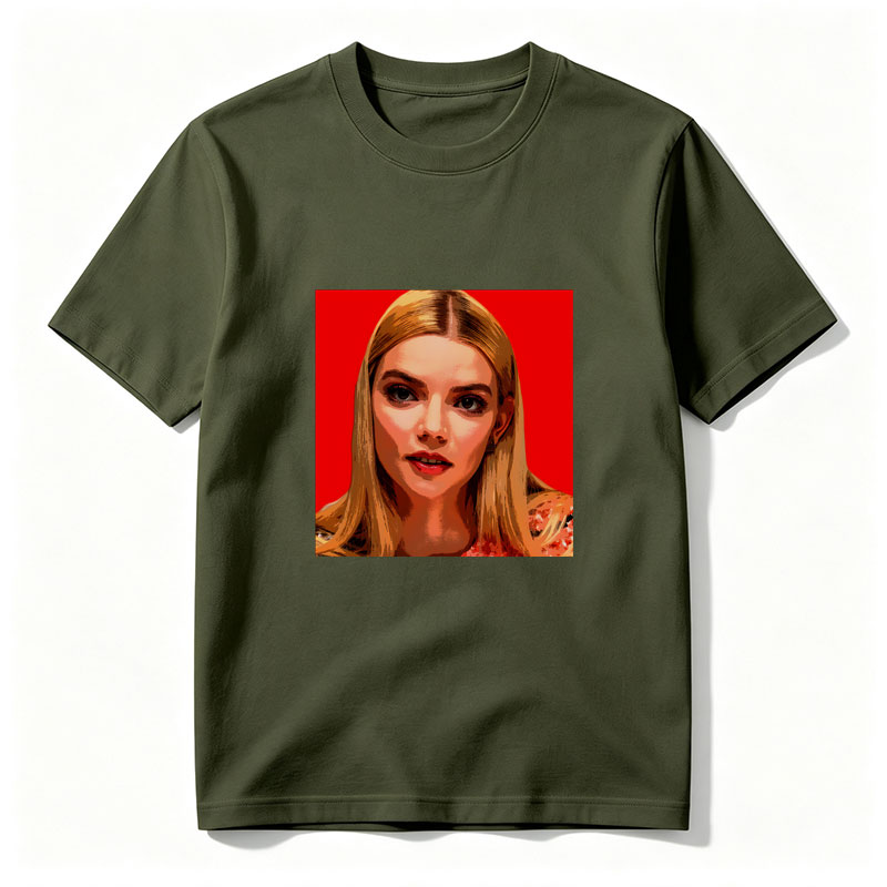 Anya Taylor-Joy in a stylized portrait with bold red background - Tee