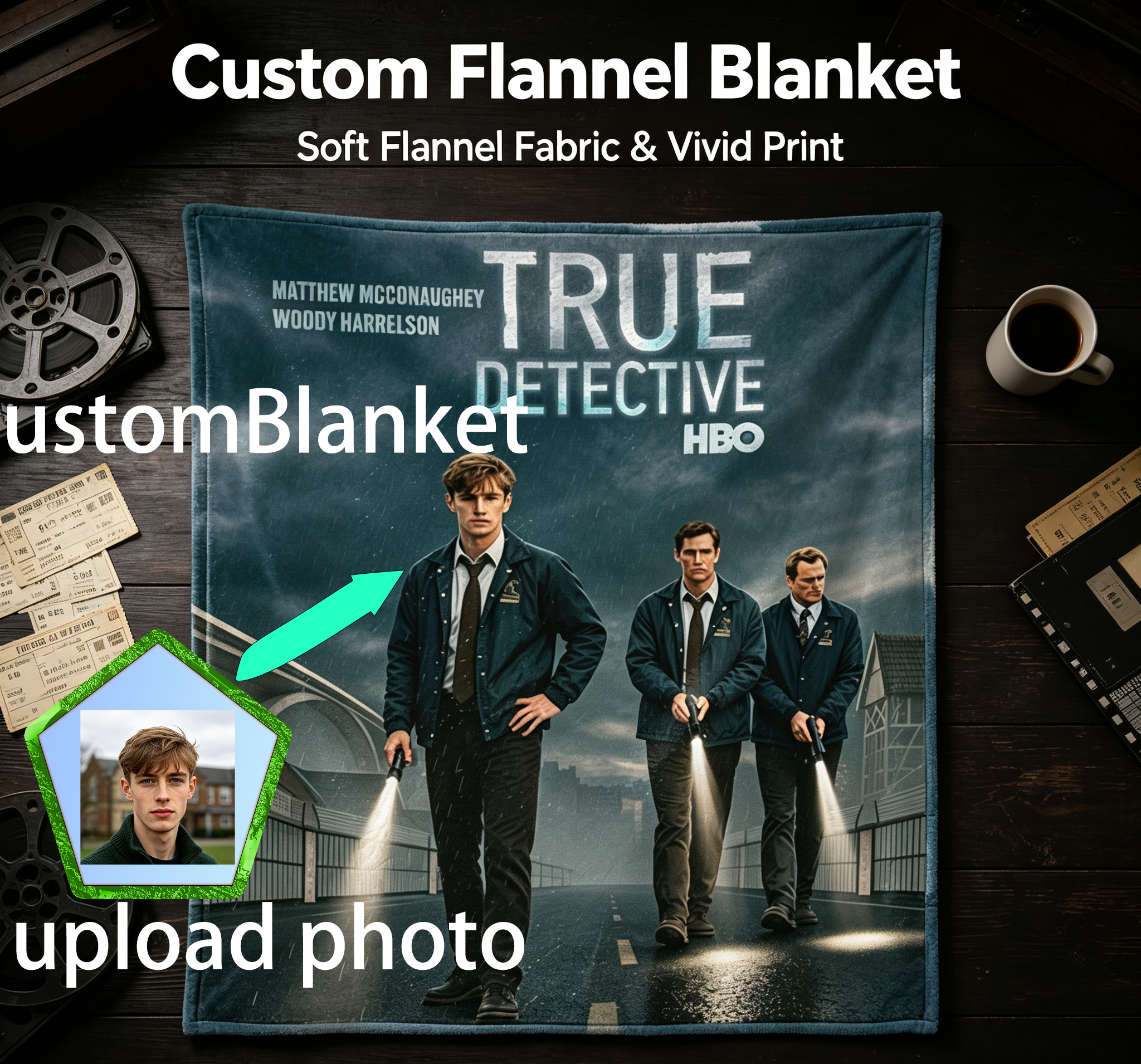 Custom Face Blanket True Detective HBO Series Flannel Blanket for Couch or Bed Gift Idea for Fans and Collectors