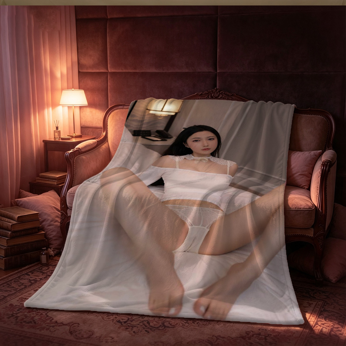 White Lace Cheongsam Seduction on Bed - Blanket