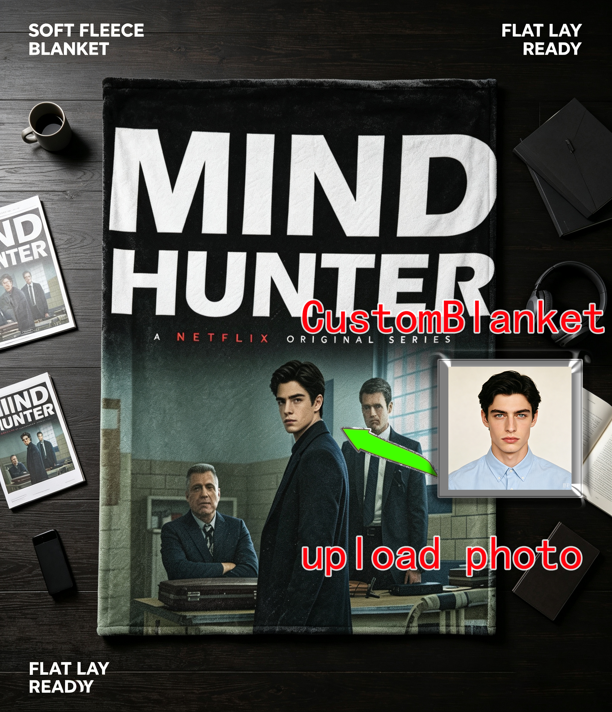 Custom Face Blanket Mind Hunter Netflix Series Flannel Blanket Cozy Living Room or Bedroom Gift for Fans of Crime Drama and FBI Profiling Show