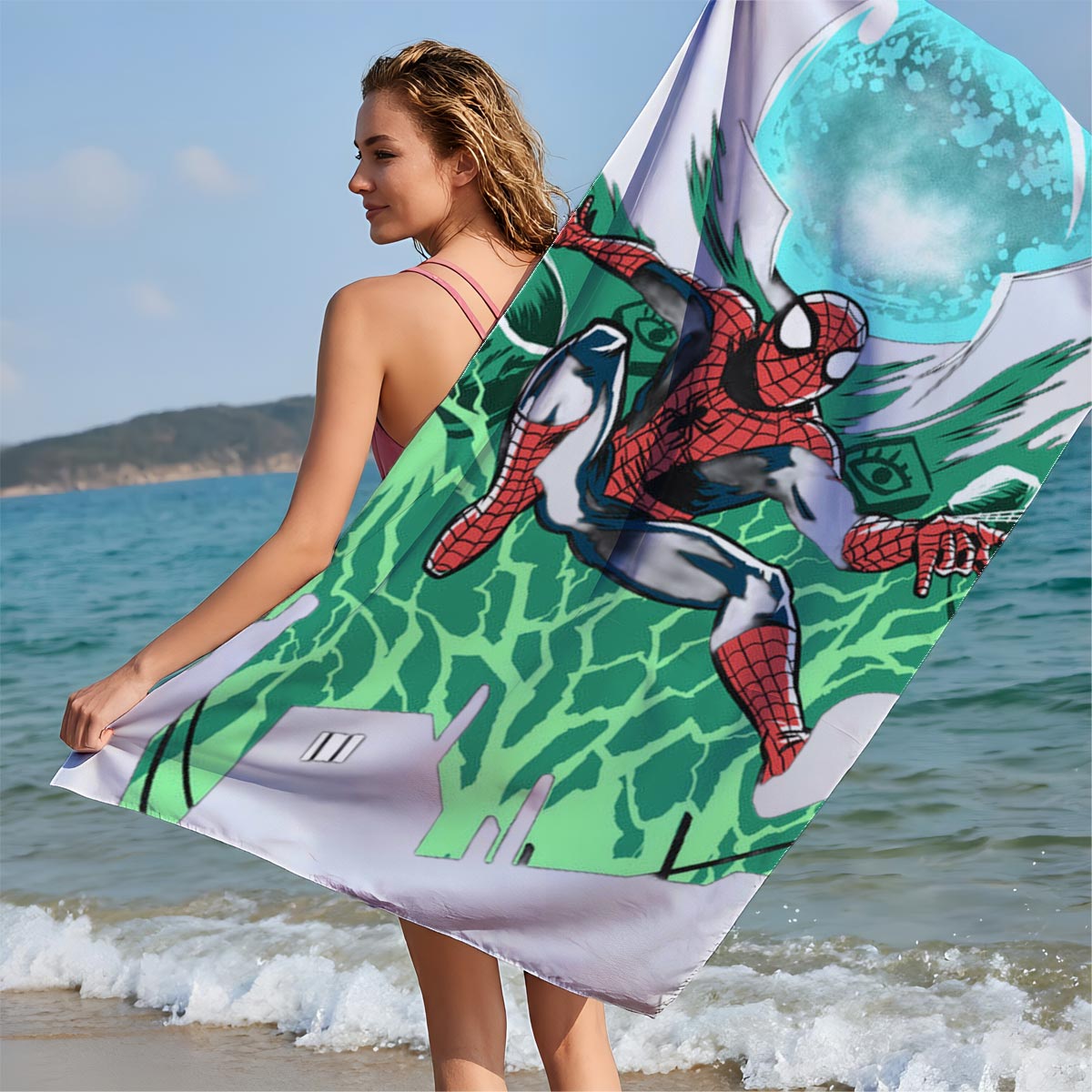 Spider-Man Swings Through the City Under a Glowing Moon - Beach towels
