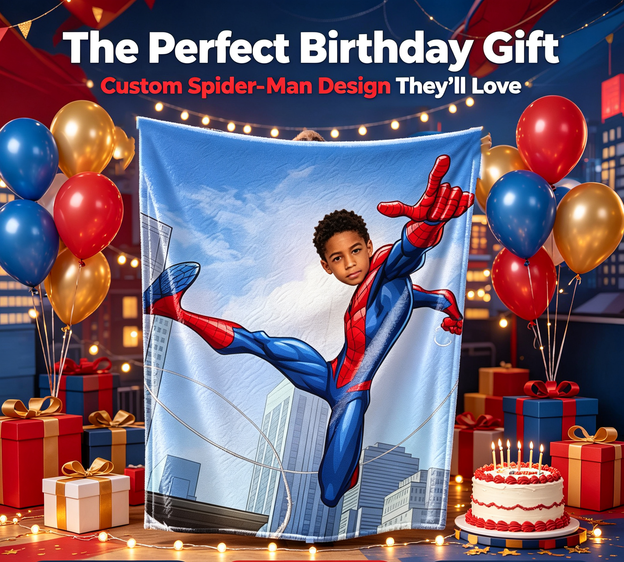 Custom Spider-Man Photo Blanket, Personalized Superhero Fleece Throw for Kids, Custom Face Blanket Unique Birthday Gift for Boys and Spider-Man Fans