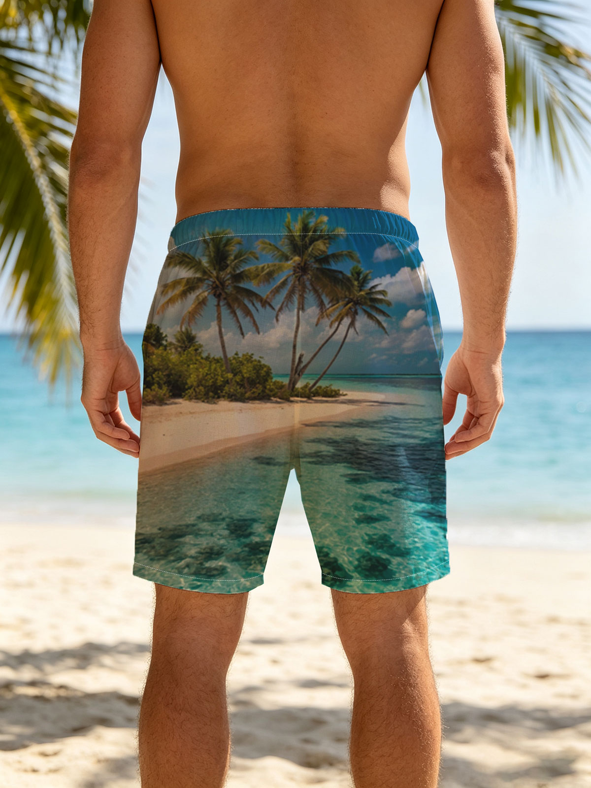 Tropical Beach with Palm Trees and Crystal Clear Water -  Beach shorts
