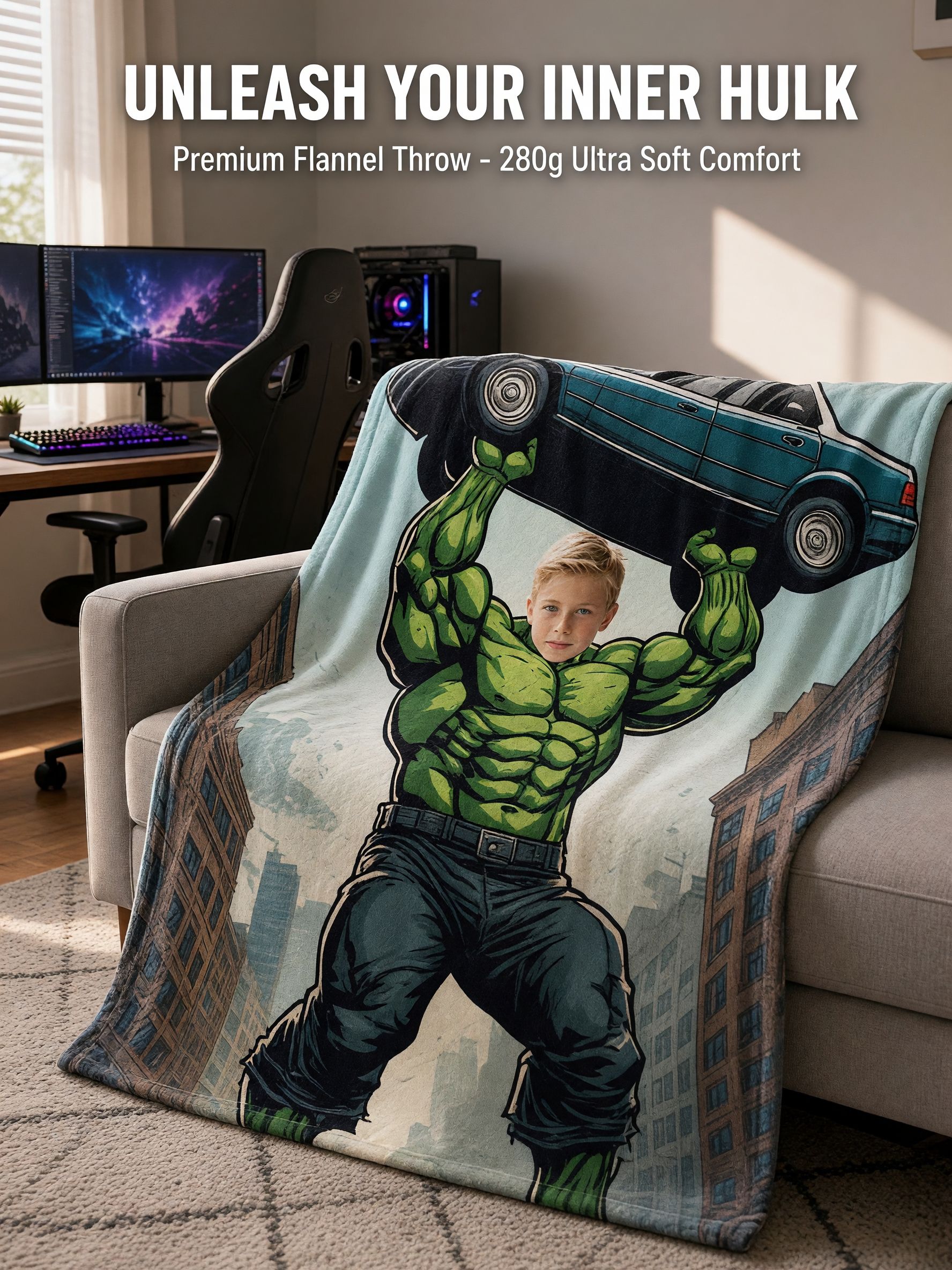 Custom Face Blanket Personalized Green Superhero Lifting Car Soft Flannel Throw Ideal Gift for Boys Kids and Comic Fans