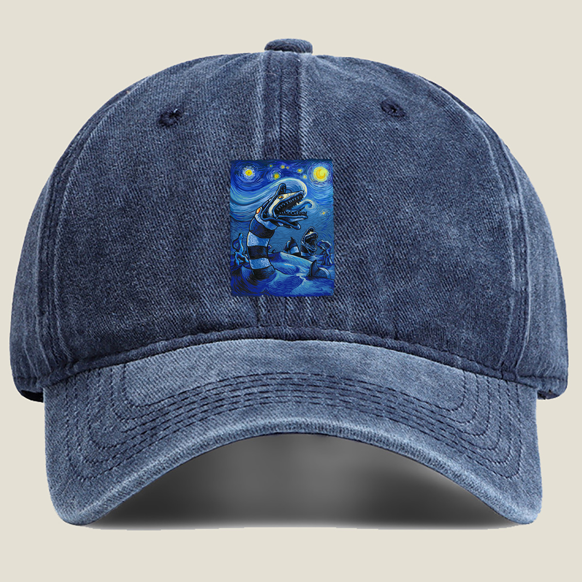 Starry Night with Loch Ness Monster - Washed Denim - Baseball Cap