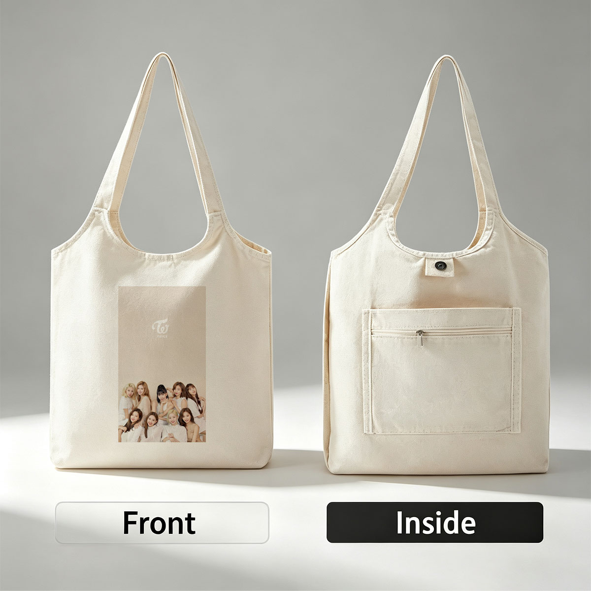 TWICE Group Photo in White Outfits on Beige Background - Canvas shoulder bags/