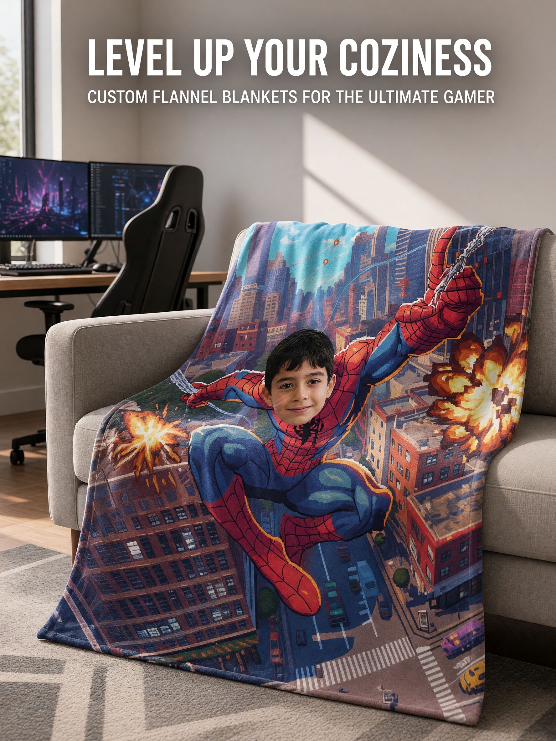 Custom Face Blanket Personalized Superhero Action Flannel Throw Soft Cozy Photo Blanket Ideal Birthday Gift for Kids