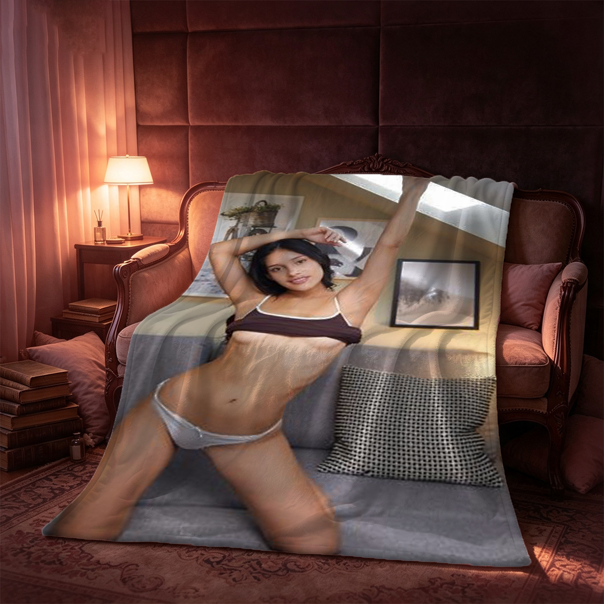 Nude Asian beauty posing seductively in a library with string lights. - Blanket
