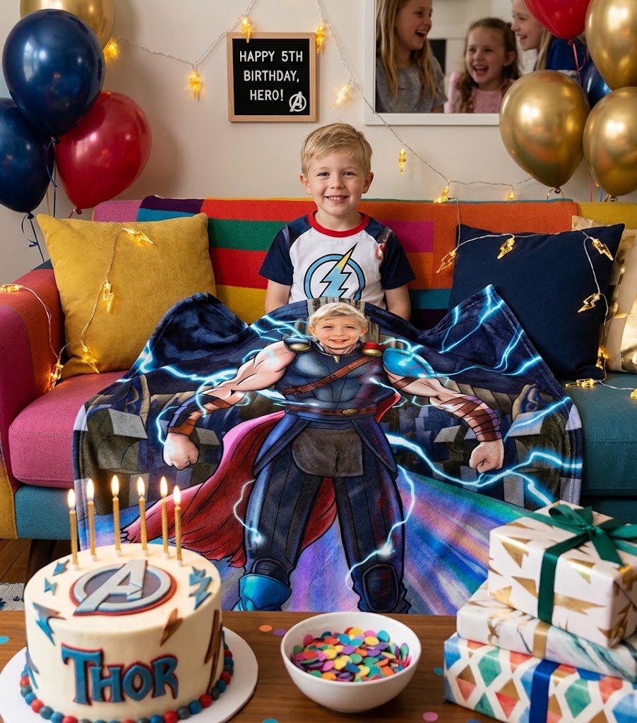 tMarvel Thor Custom Photo Blanket, Personalized Upload Kid Portrait Rainbow Bridge Asgard Fleece Blanket for Bed Couch Kids Gift