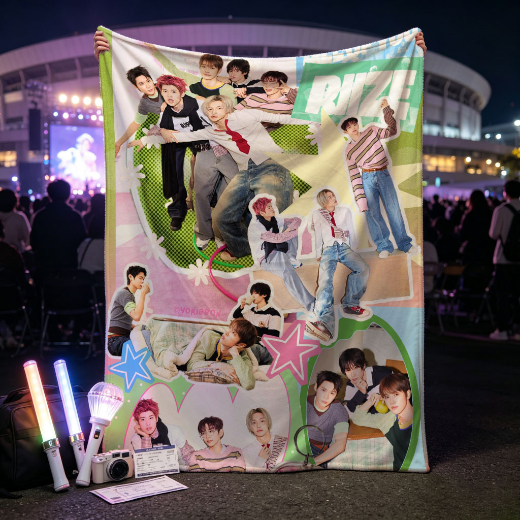 RIIZE Group in Vibrant Collage Pose with Colorful Background and Heart-Shaped Message - Blankets