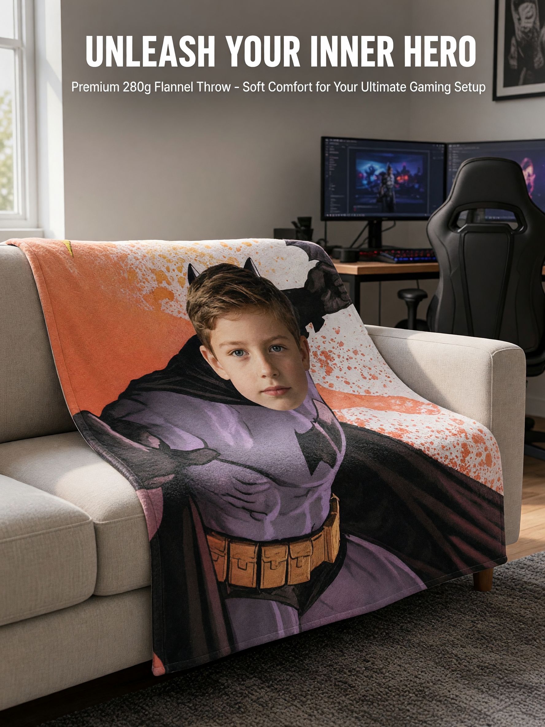 Custom Superhero Face Photo Flannel Blanket Soft Warm Personalized Fleece Throw for Kids Boys Bedroom Couch Cozy Gift