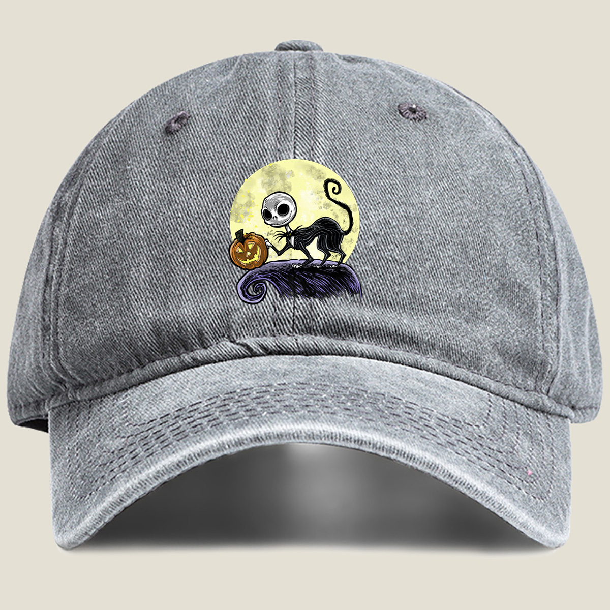 Jack Skellington and Pumpkin Moon - Washed Denim - Baseball Cap