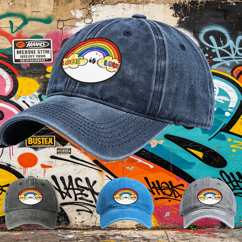 Unisex Classic Washed Hat with Rainbow Love is Love Print | Casual Streetwear Cap for LGBTQ+ Pride & Everyday Wear | Perfect for Adults Seeking Inclusive Fashion Statements