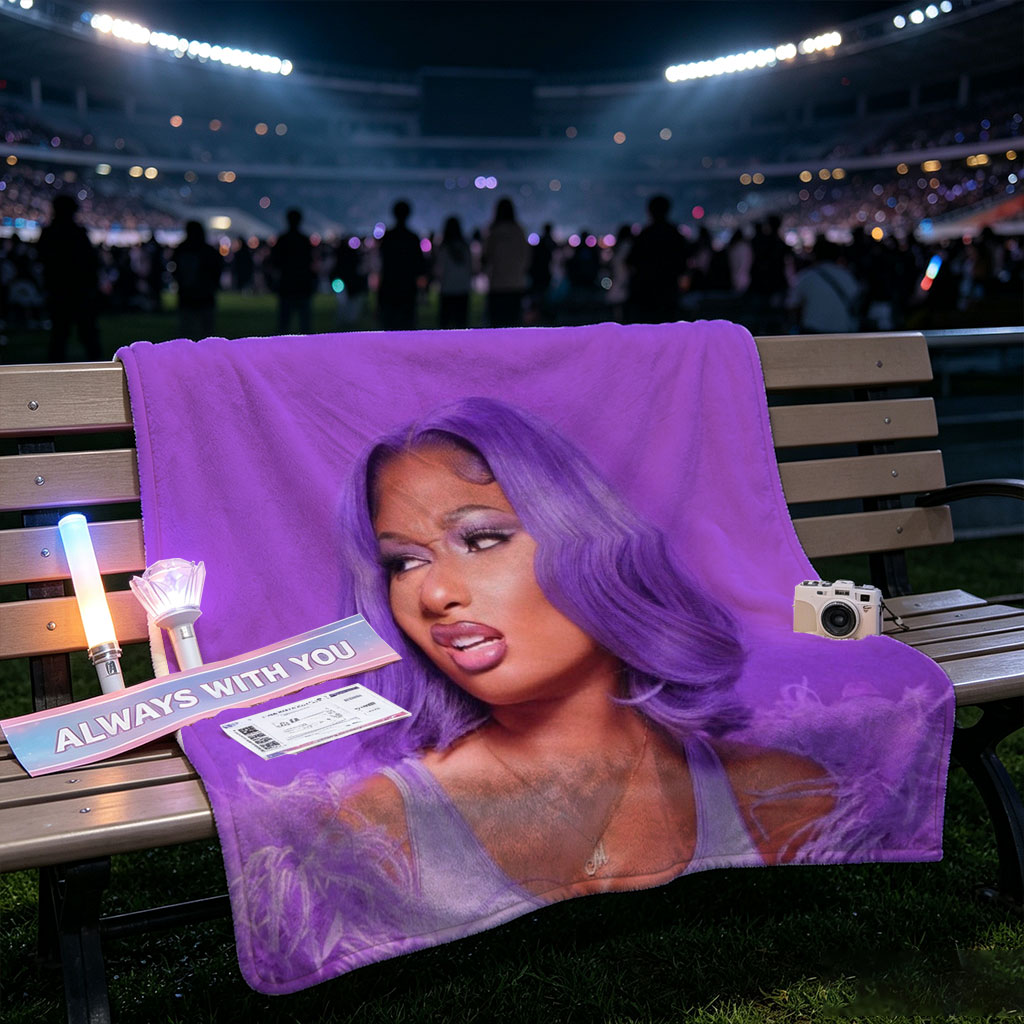 Megan Thee Stallion in Purple Feathered Outfit Against Vibrant Purple Background - Blankets