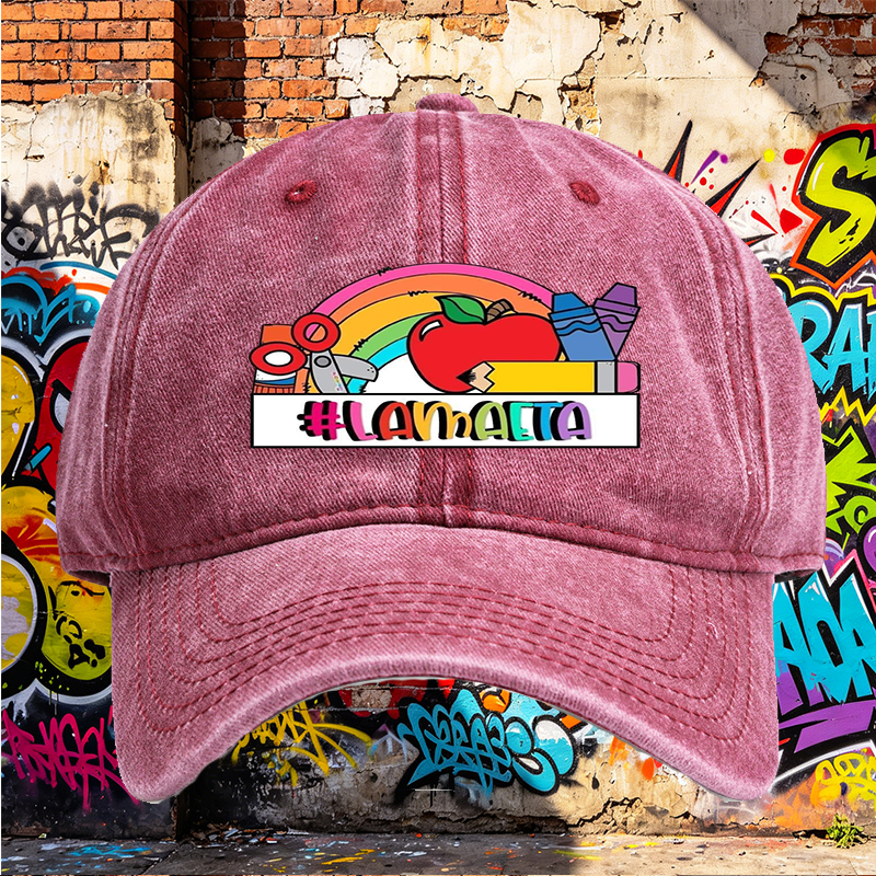 Unisex Classic Washed Cotton Hat with Rainbow Apple Art and #LAMMAETA Print - Perfect for School, Arts & Crafts, Teachers and Creative Adults