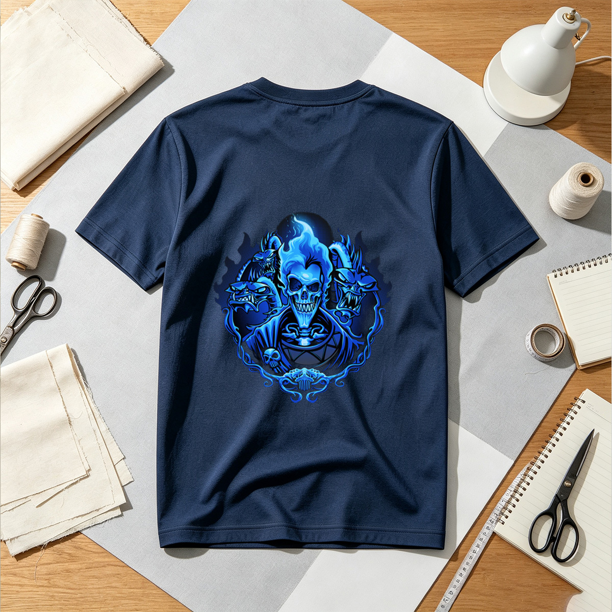 Blue Flame Skull with Demonic Creatures - Tee