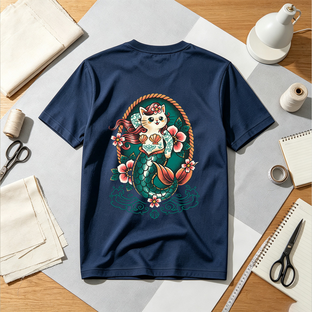 Mermaid Cat with Floral Design - Tee