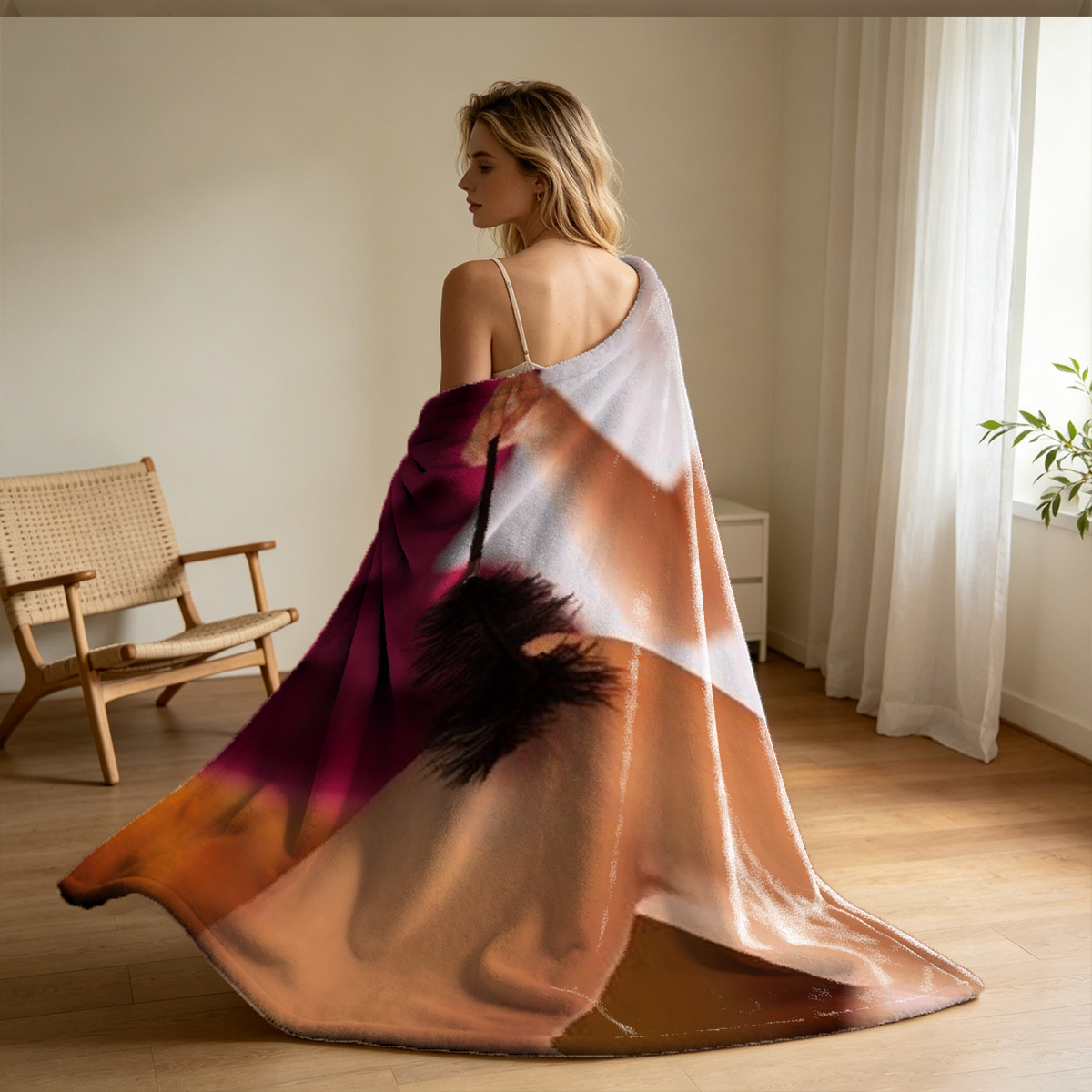 Naked Woman in Pink Lingerie and Neon Heels on Couch - Blanket