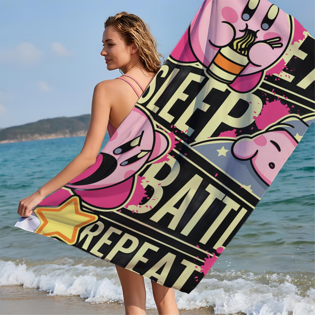 Kirby Eat Sleep Battle Repeat - Pink Star Warrior Adventure - Beach towels