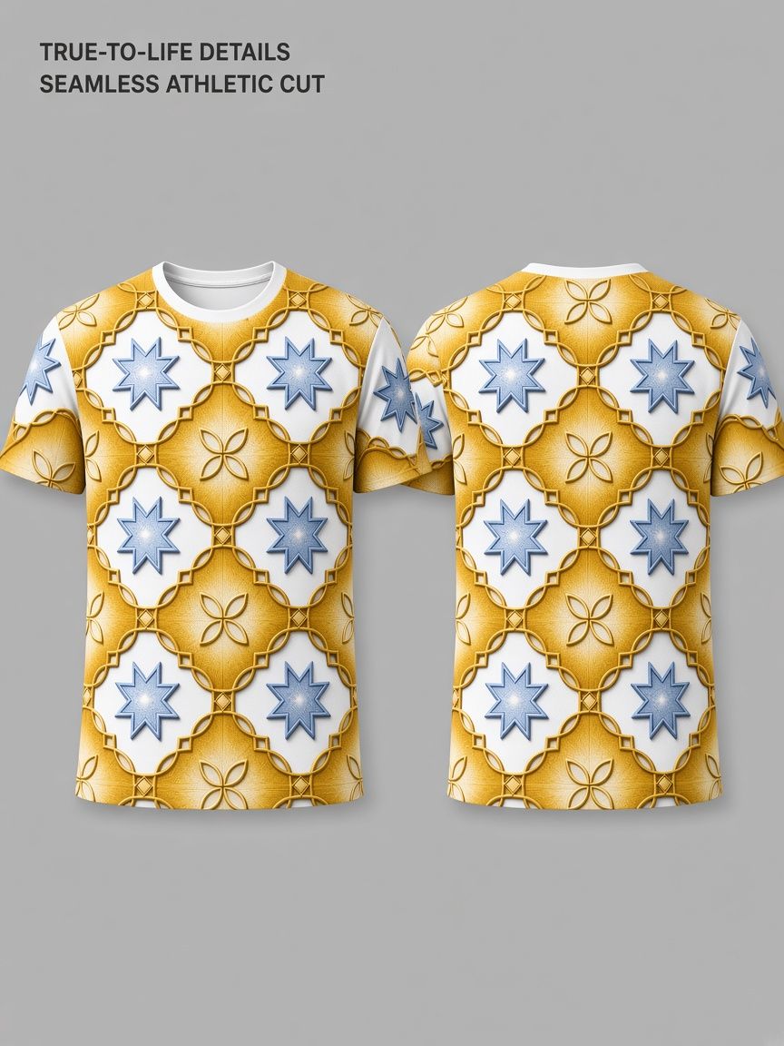 Gold Geometric Tile 3D Optical Illusion Graphic Tee Breathable Athletic Mesh T-Shirt for Casual and Sports Wear