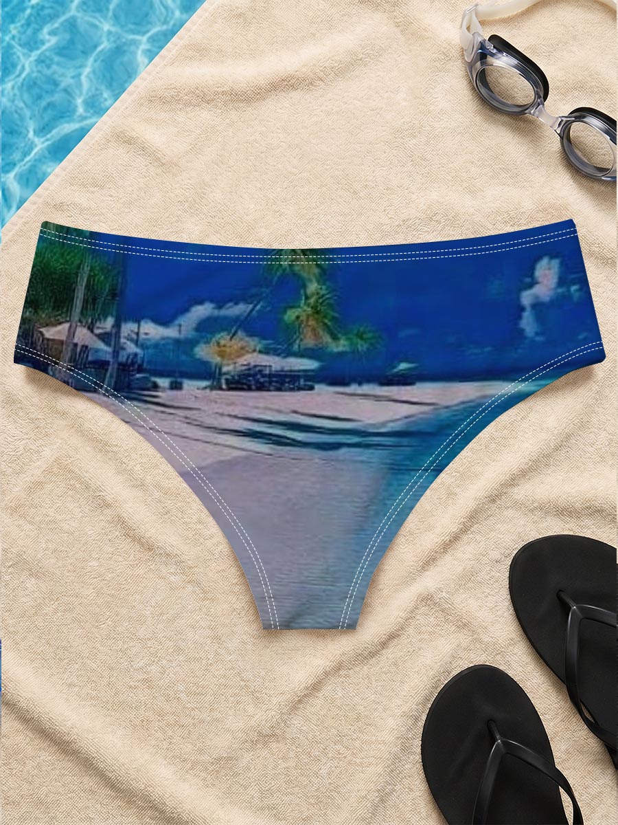Serene beach with palm trees and turquoise waters under a clear blue sky. -  Men's swim trunks