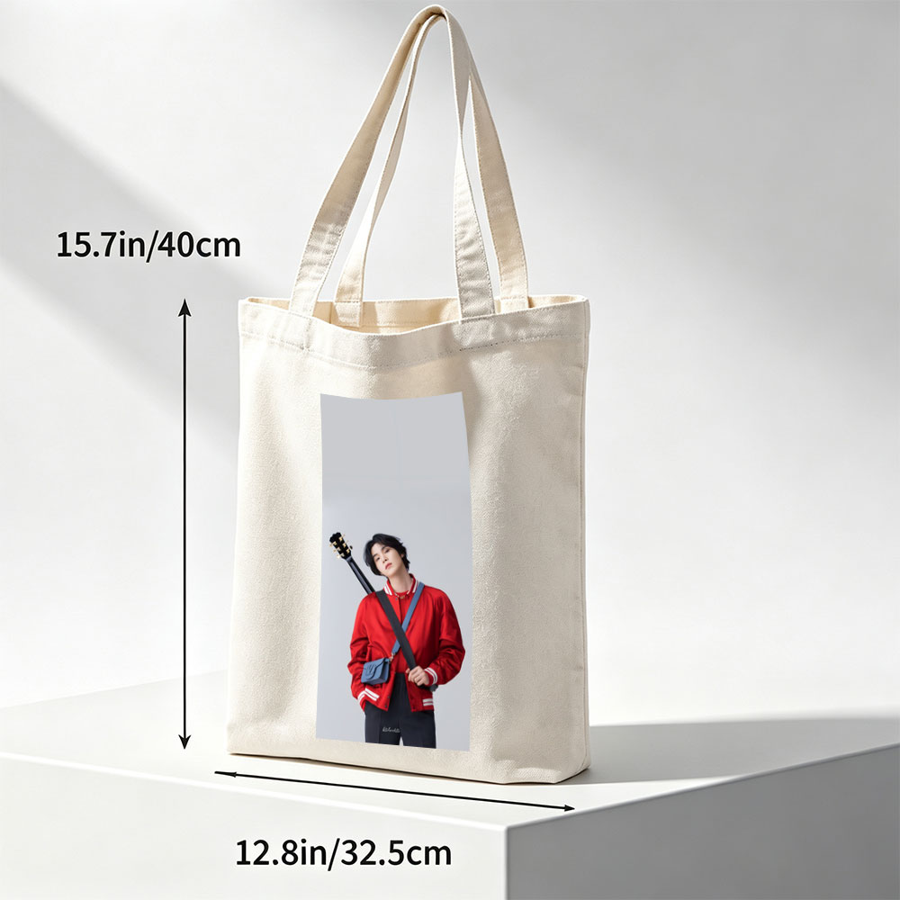 Jungkook with Guitar in Red Jacket and Blue Bag, Standing Against Gray Background - Canvas tote bags