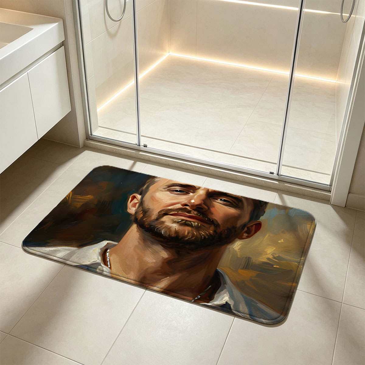 Portrait of a Man with Bearded Face and White Shirt - Flannel floor mat