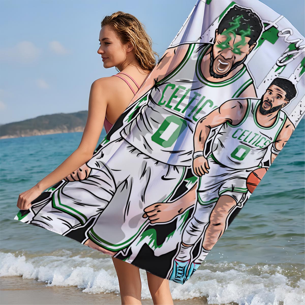 Jayson Tatum in Celtics Uniform, Basketball Action Art - Beach towels