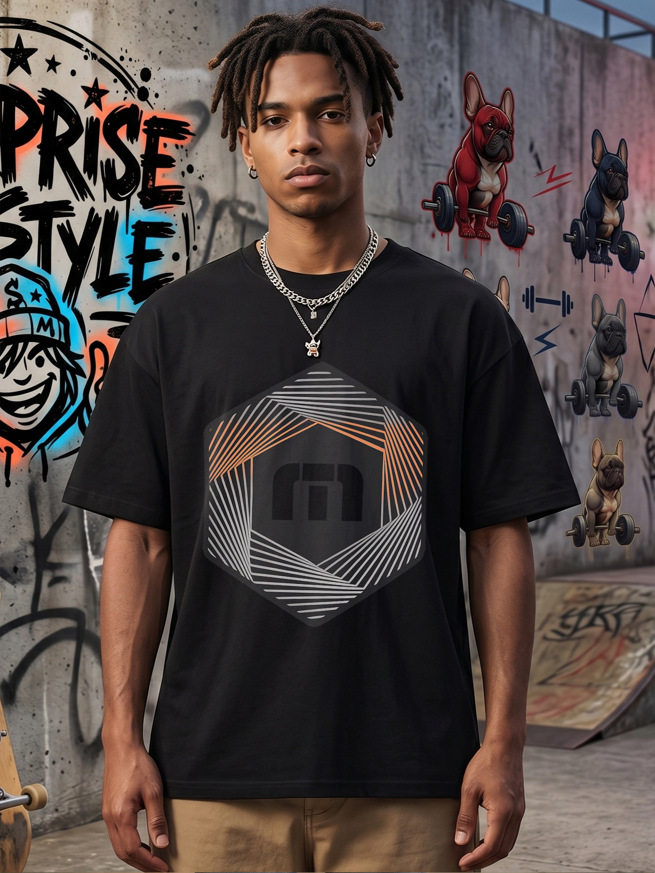 Men's Printed T-Shirt Geometric Hexagon Design with Abstract Lines and Bold Logo Casual Round Neck Lightweight Breathable Summer Short Sleeve T-Shirt for Daily Wear, Outdoor Activities, Urban Style Men