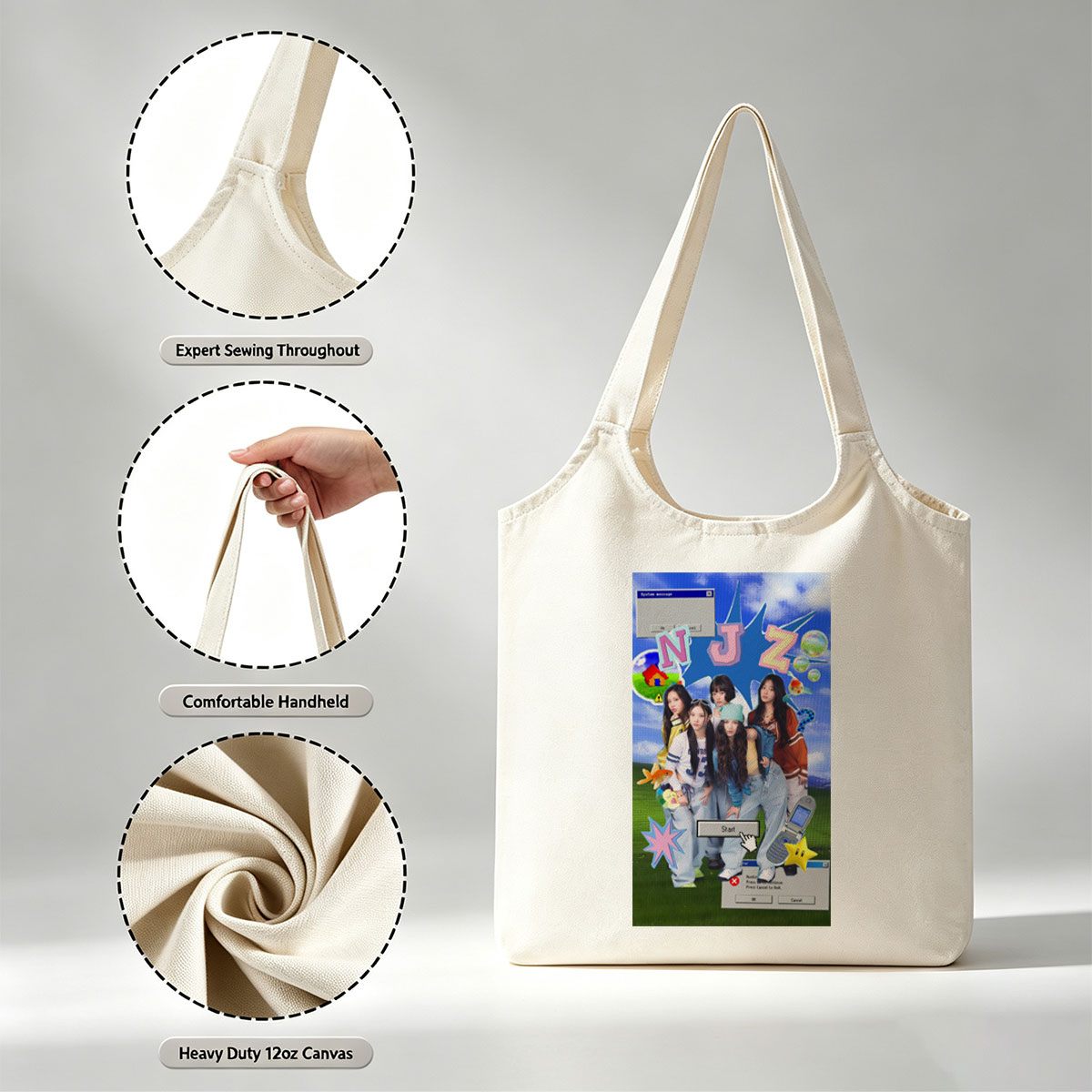 NewJeans Group Photo with Retro Game Interface and Colorful Elements - Canvas shoulder bags/