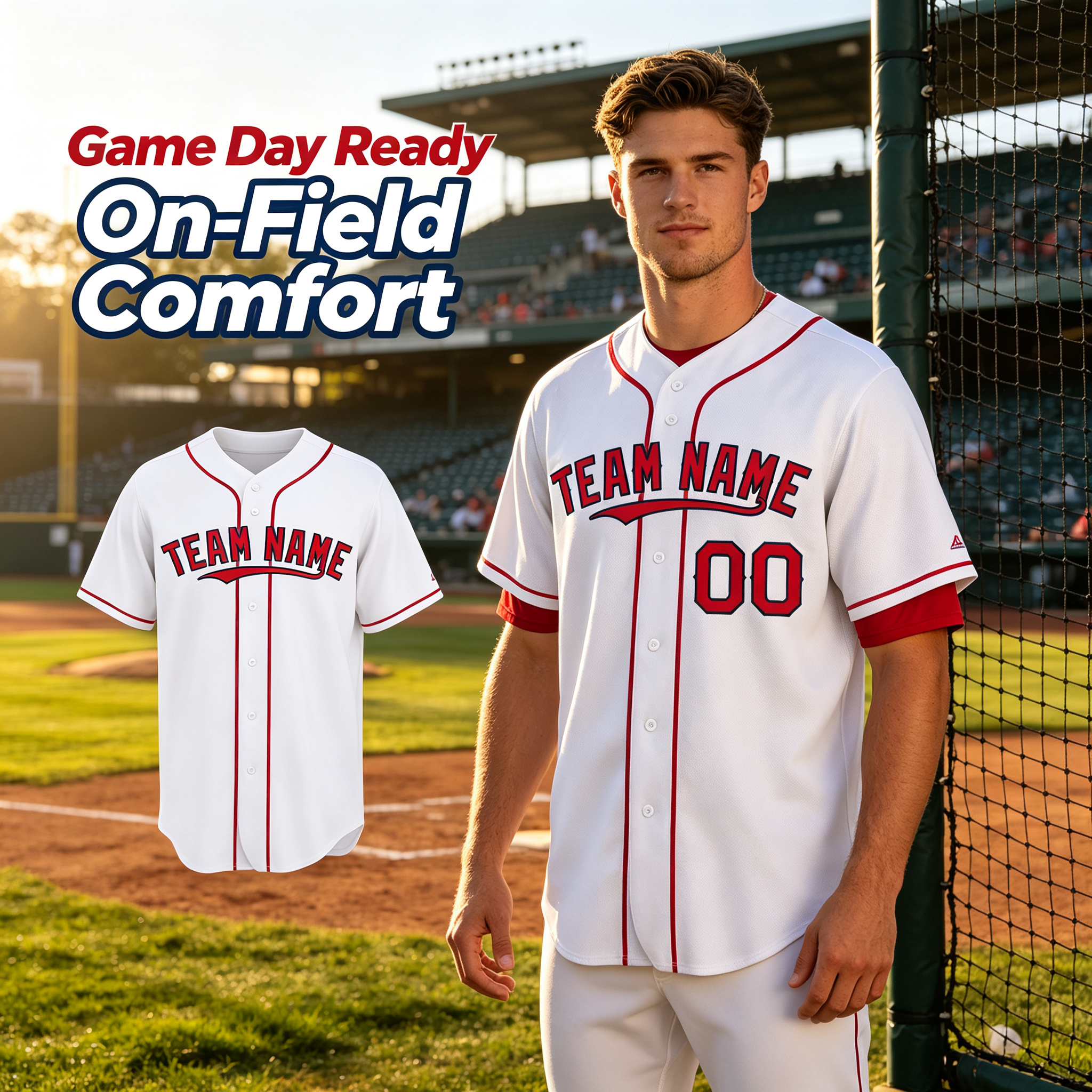 Custom Printed Boston City Style Baseball Jersey White Full Button Red Piping For Men And Youth