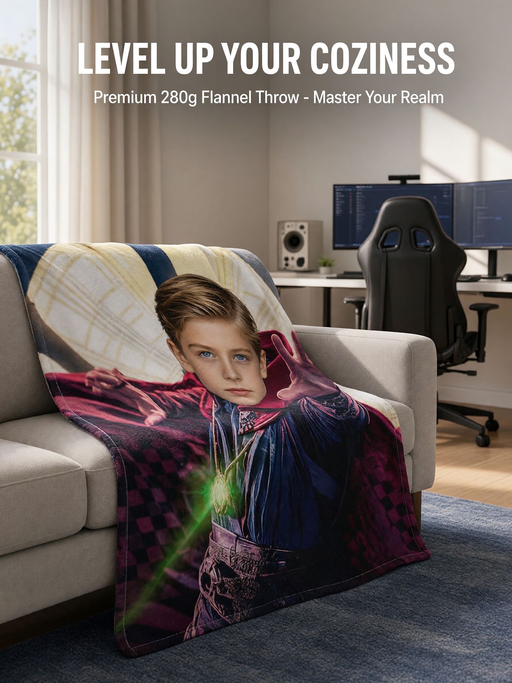Custom Face Flannel Blanket Personalized Mystic Sorcerer Hero Throw Skin-Friendly Soft Plush Gift for Kids and Boys