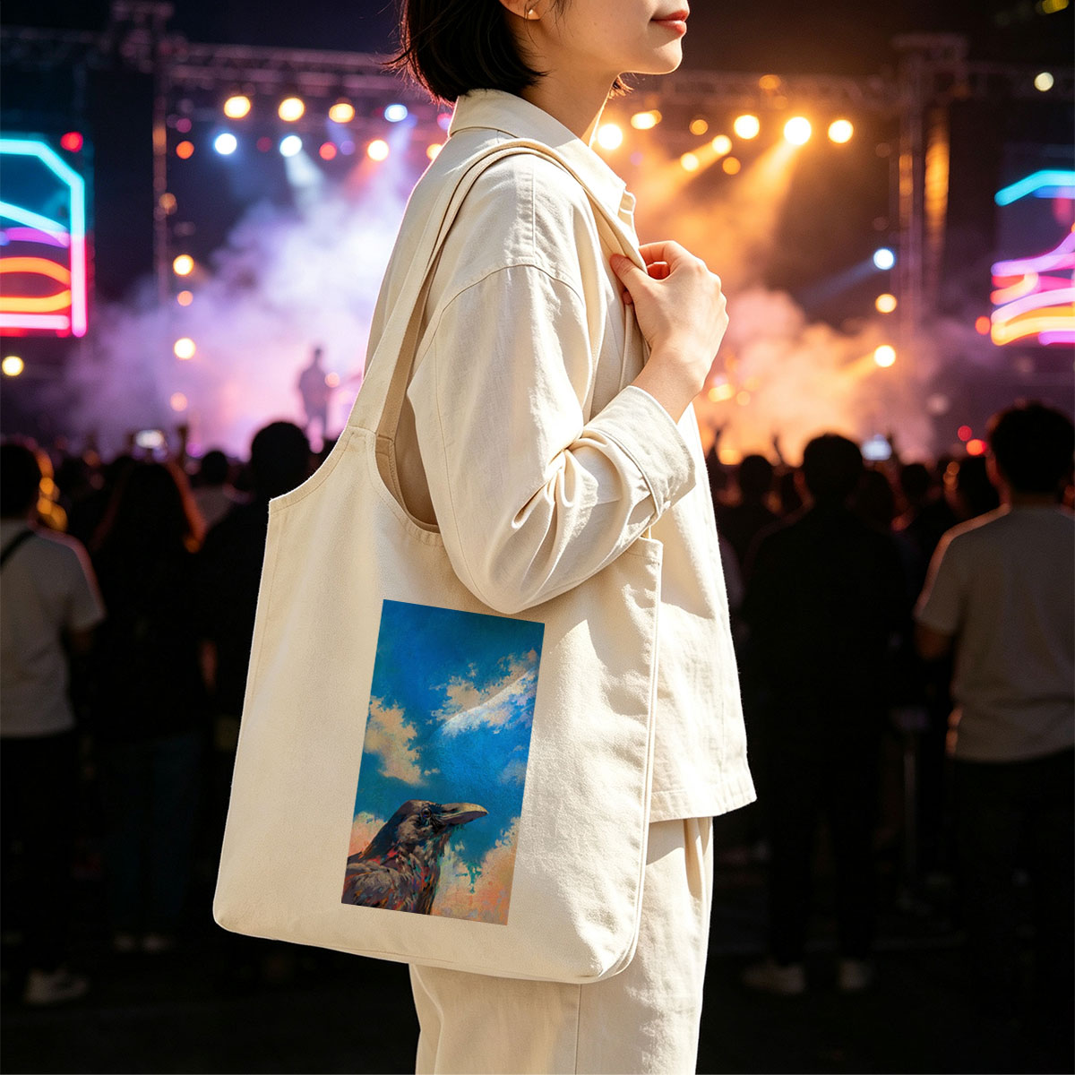 Crow Against Vibrant Sky Painting - Canvas shoulder bags/