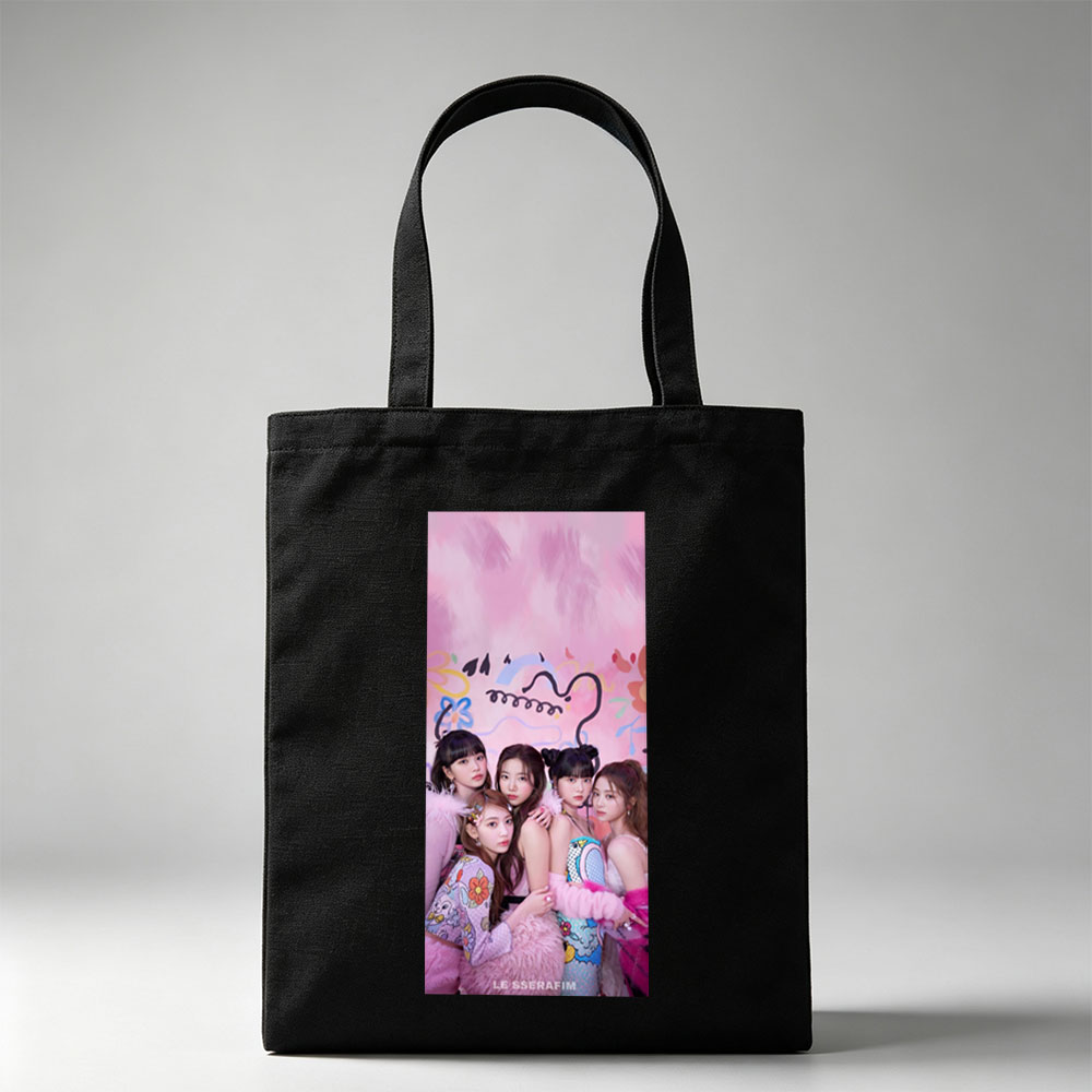 LE SSERAFIM in a Colorful Pink-Themed Photo Shoot with Playful Expressions and Vibrant Outfits - Canvas tote bags