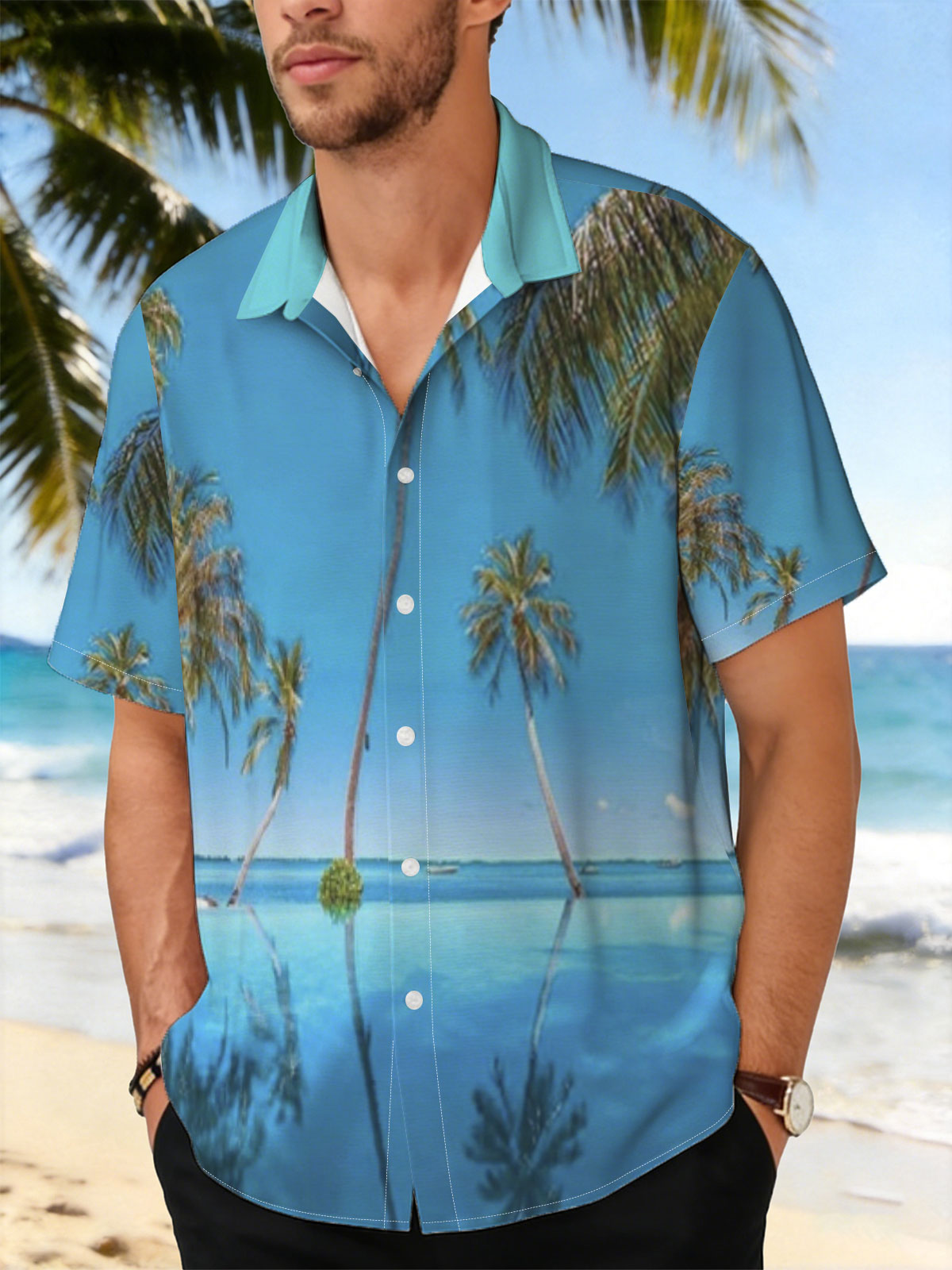 Tropical palm trees reflected in crystal-clear infinity pool under a vibrant blue sky. -  Shirt
