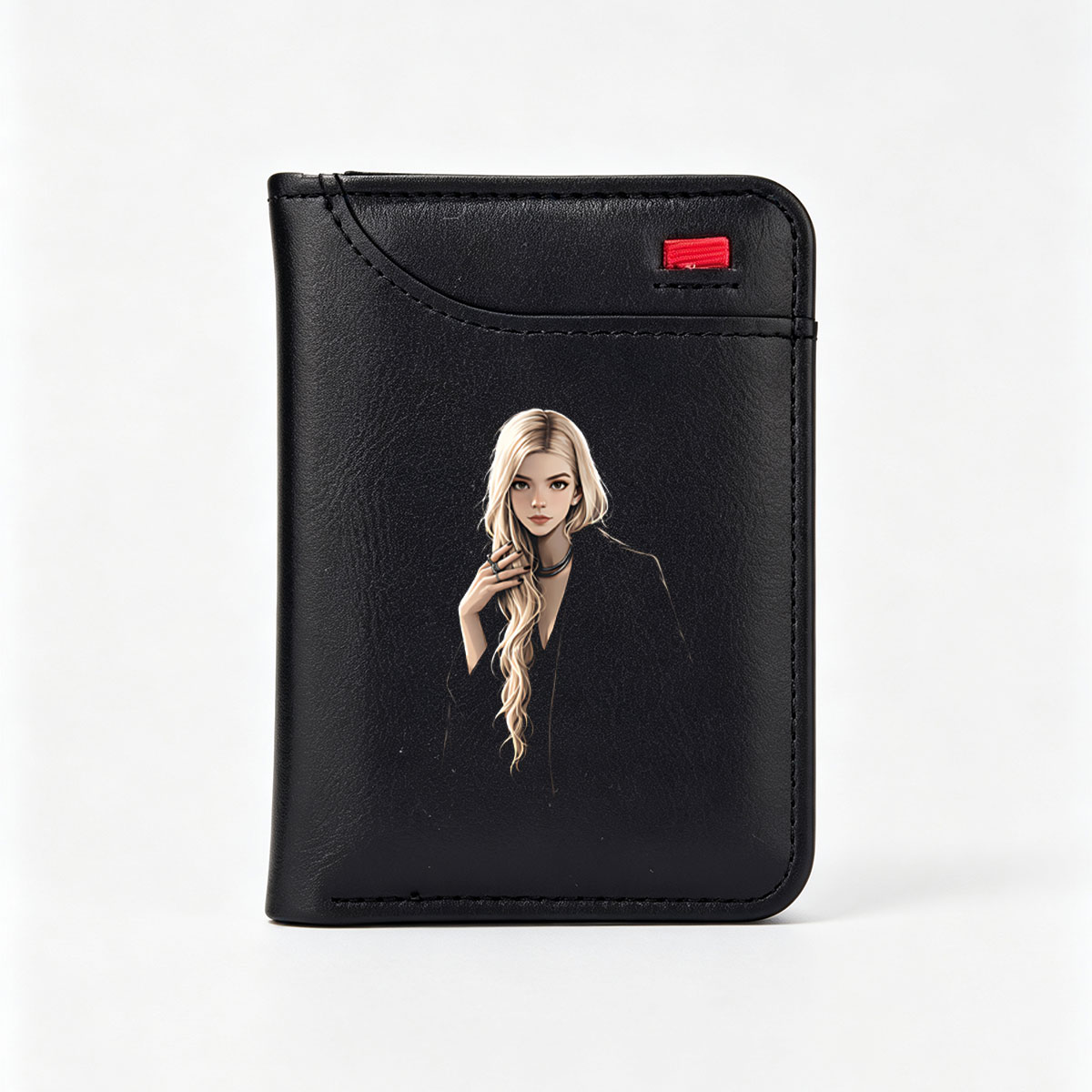 Blonde Woman in Black Coat with Elegant Pose - Vertical Style Wallet