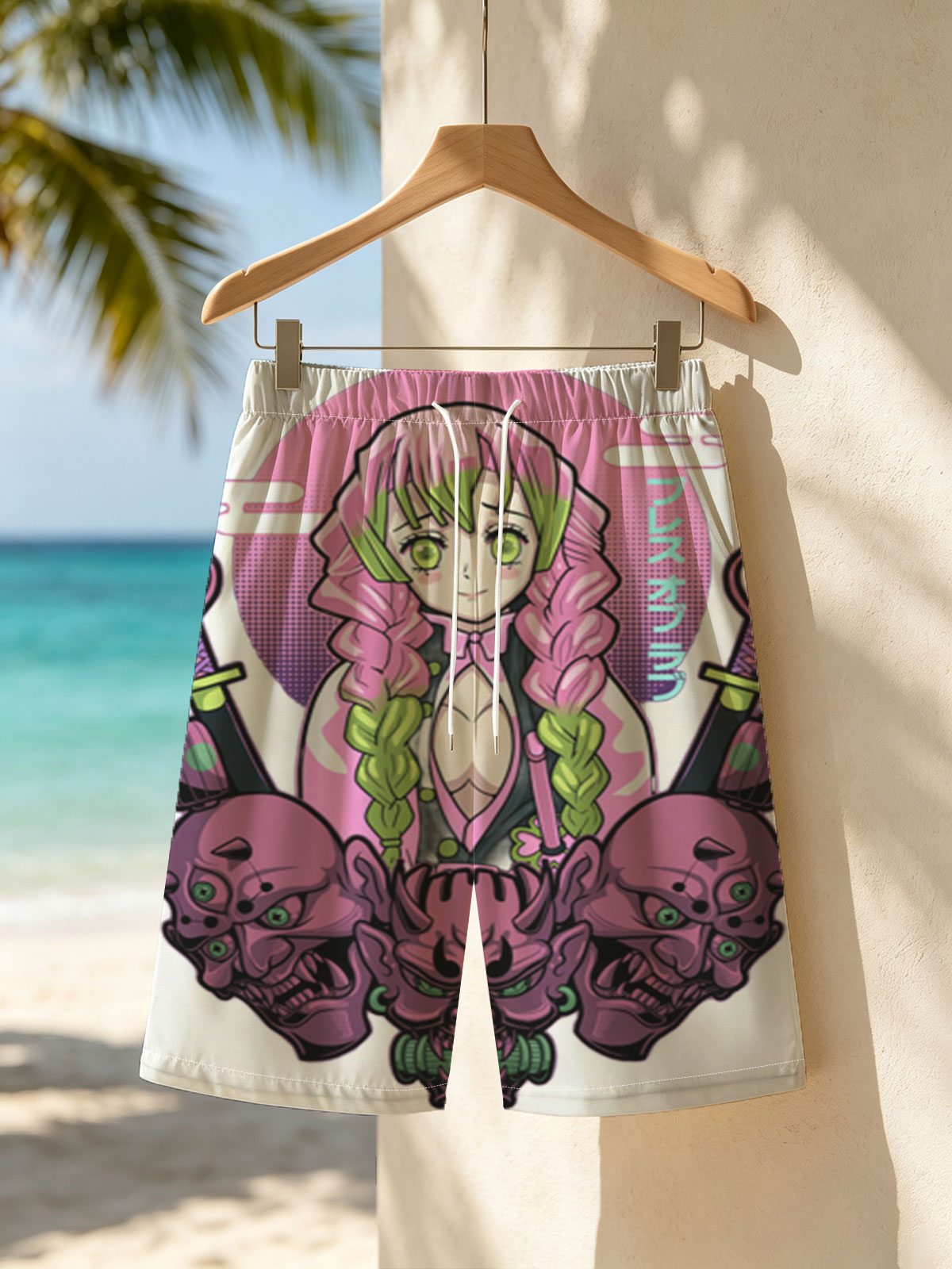 Nezuko Kamado from Demon Slayer with Pink Hair and Green Eyes, Surrounded by Skulls and Swords -  Beach shorts