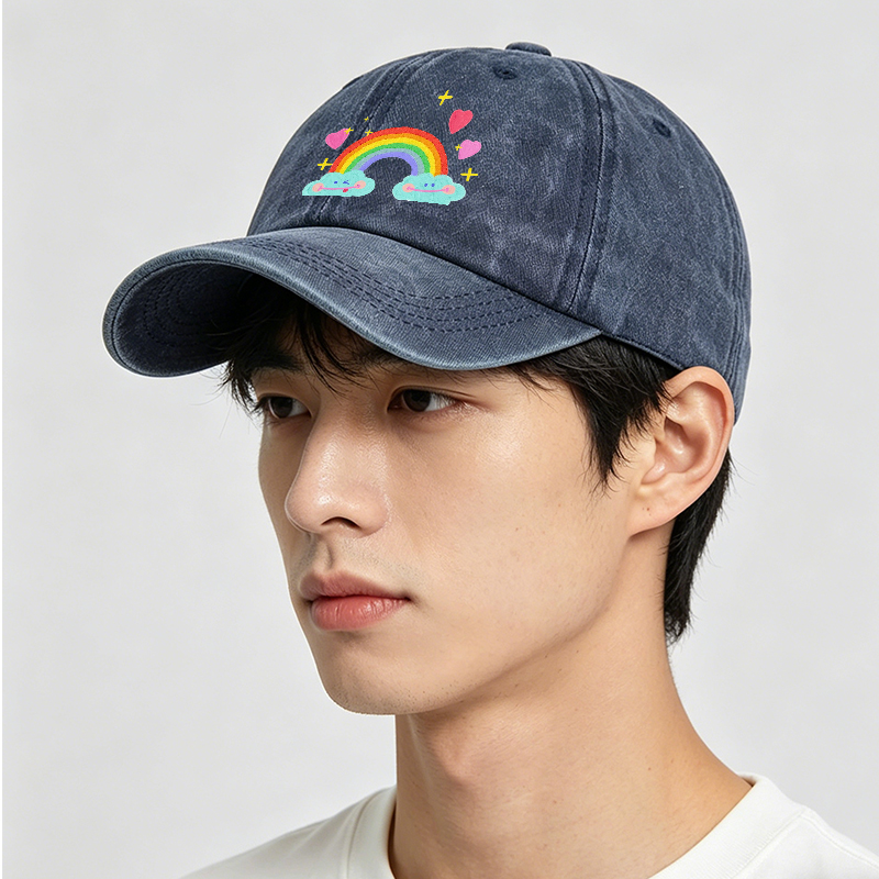 Men's Printed Washed Cap with Rainbow Clouds and Hearts Design - Casual Round Brim Summer Lightweight Hat for Outdoor Activities, Travel, and Daily Wear - Ideal for Young Adults and Trendy Urban Style Lovers