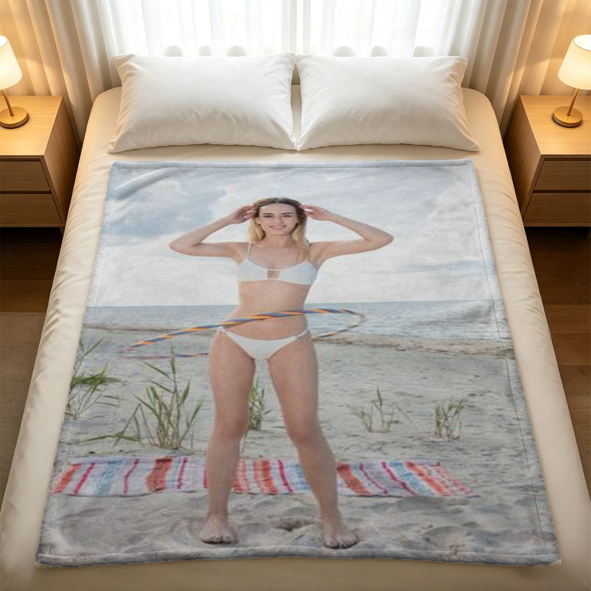 Redhead in white bikini posing on rocky cliff - Blanket