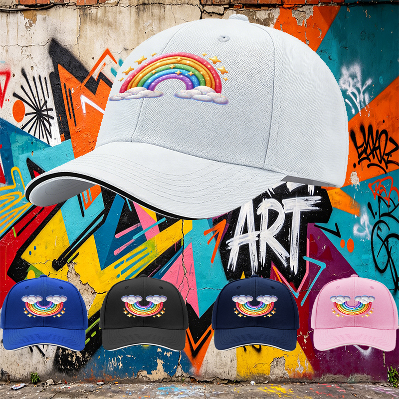 Unisex Classic Sandwich Hat with Rainbow and Cloud Print - Perfect for Outdoor Activities, Festivals, and Casual Wear - Ideal for Adults and Teens Seeking Fun, Colorful Headwear